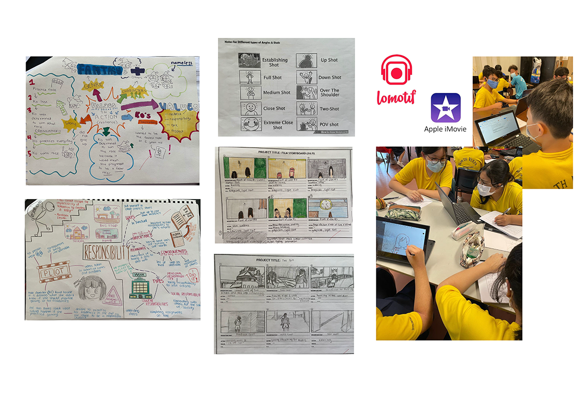 Students work on film storyboards, mind maps, and shot-type notes using Lomotif and Apple iMovie.